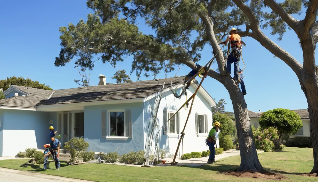 A provider's crew lowering a large tree limb safely beside a stucco home in Antioch